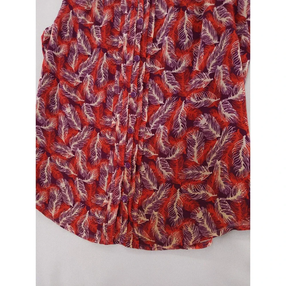 Coldwater Creek Blouse Women XS Red Purple Feather Print Pleated Chiffon Tank